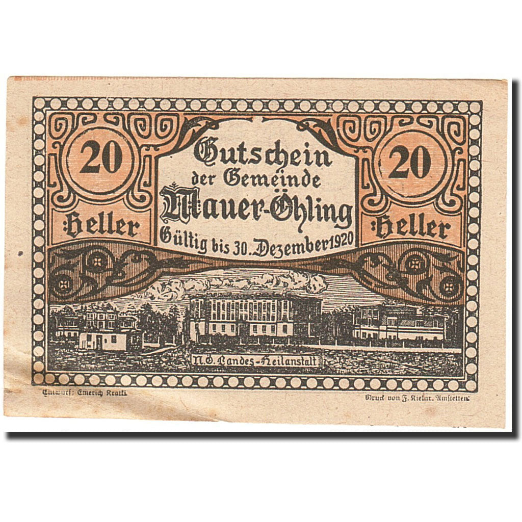 Banknote, Austria, Mauer Ohling, 20 Heller, hôpital, 1920, 1920-12-30