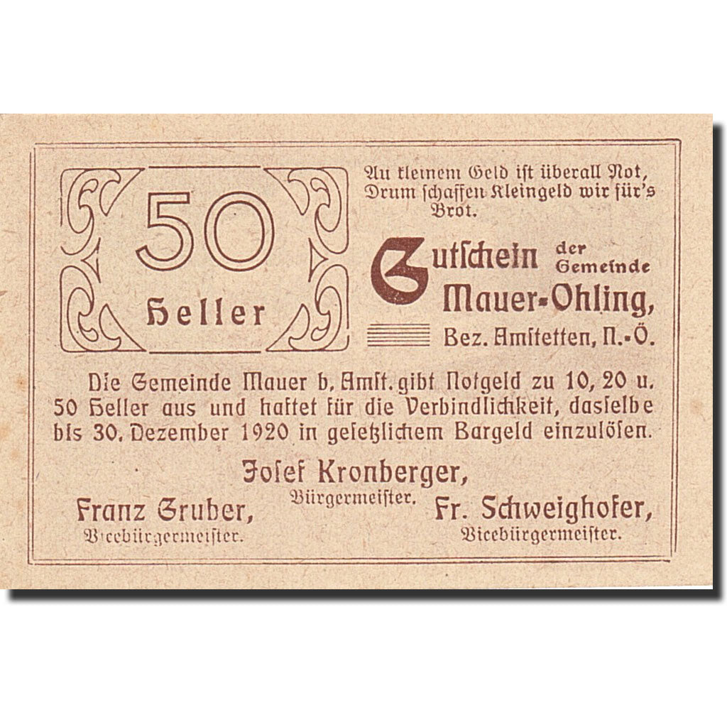 Banknote, Austria, Mauer Ohling, 50 Heller, hôpital, 1920, 1920-12-30, UNC(63)