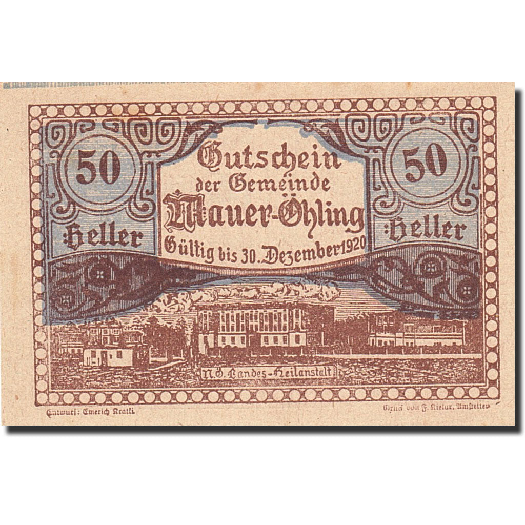 Banknote, Austria, Mauer Ohling, 50 Heller, hôpital, 1920, 1920-12-30