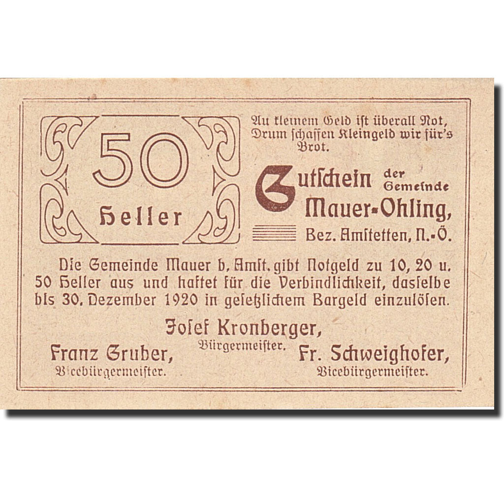 Banknote, Austria, Mauer Ohling, 50 Heller, hôpital, 1920, 1920-12-30