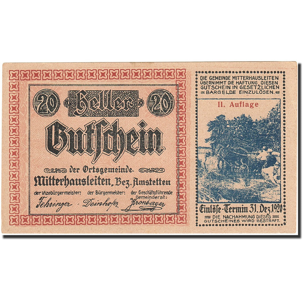 Banknote, Austria, Amstetten, 20 Heller, paysan, 1920, 1920-12-31, AU(55-58)