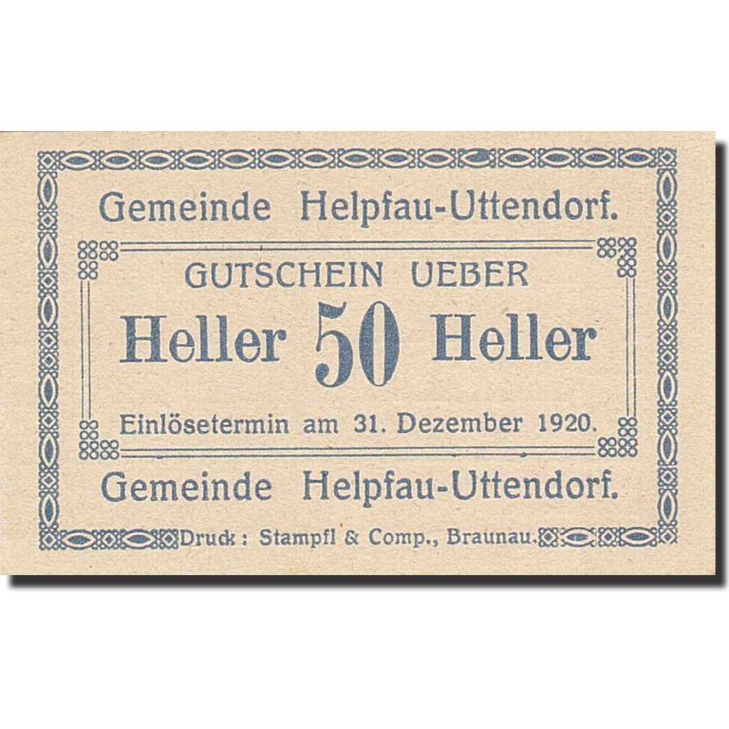 Banknote, Austria, Hepfau-Uttendorf, 50 Heller, valeur faciale, 1920