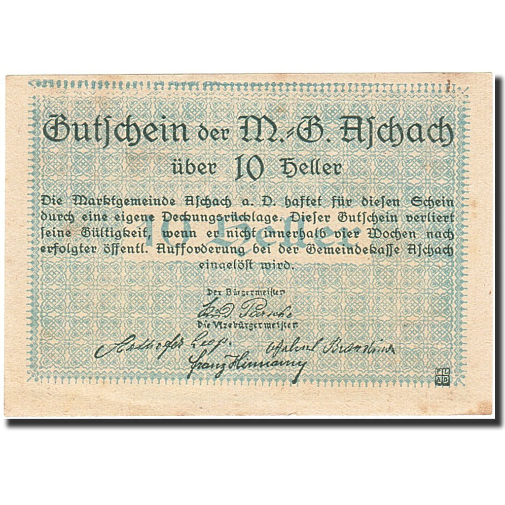 Banknote, Austria, Aschach an der Donau, 10 Heller, Blason, 1920, 1920-12-31