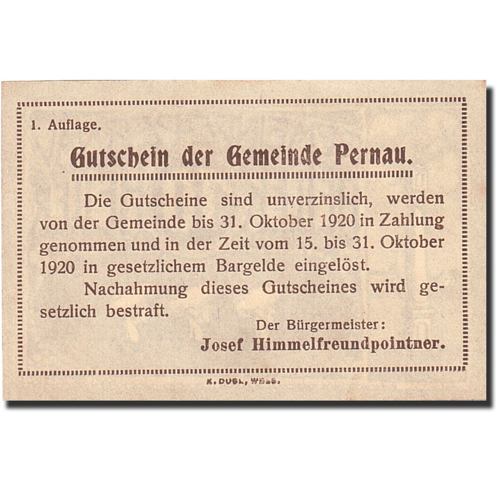 Banknote, Austria, Pernau, 10 Heller, Monument, 1920, 1920-10-31, UNC(63)