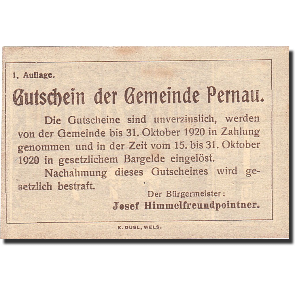 Banknote, Austria, Pernau, 20 Heller, Monument, 1920, 1920-10-31, UNC(63)
