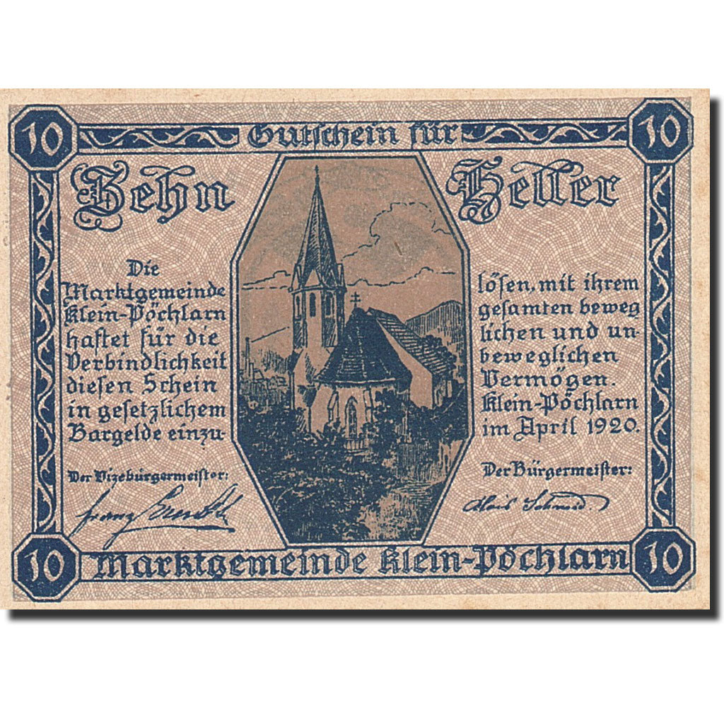 Banknote, Austria, Klein-Pochlarn, 10 Heller, Eglise, 1920, 1920-03-29, UNC(63)