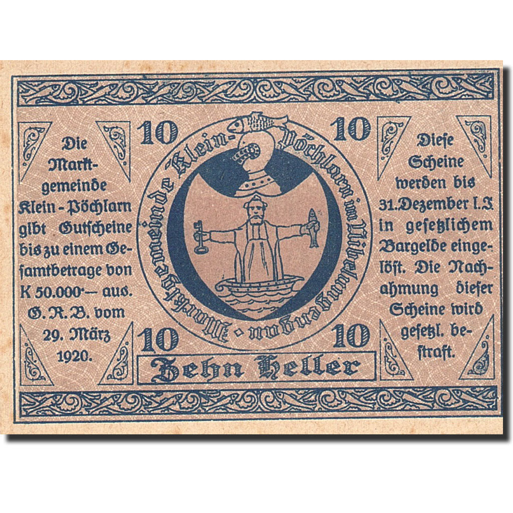 Banknote, Austria, Klein-Pochlarn, 10 Heller, Eglise, 1920, 1920-03-29, UNC(63)