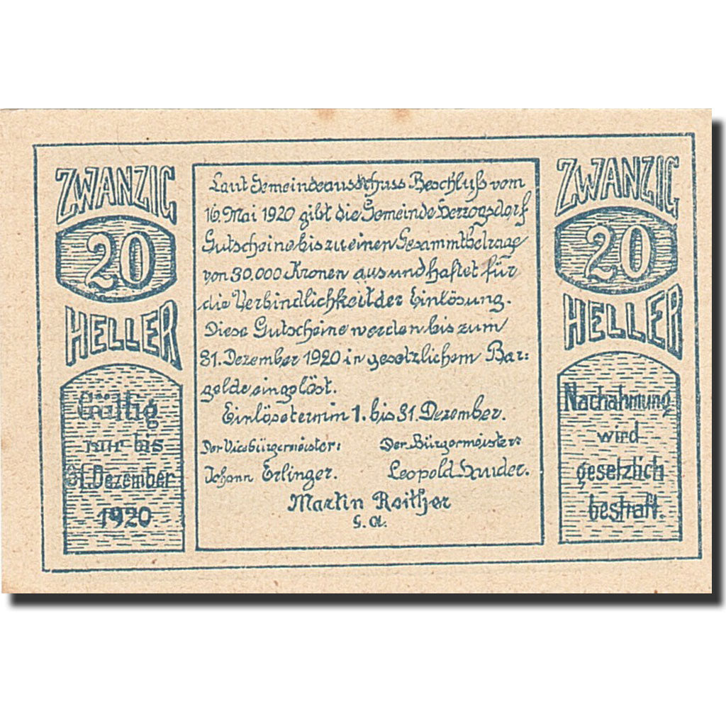 Banknote, Austria, Herzogsdorf, 20 Heller, village, 1920, 1920-12-31, AU(55-58)