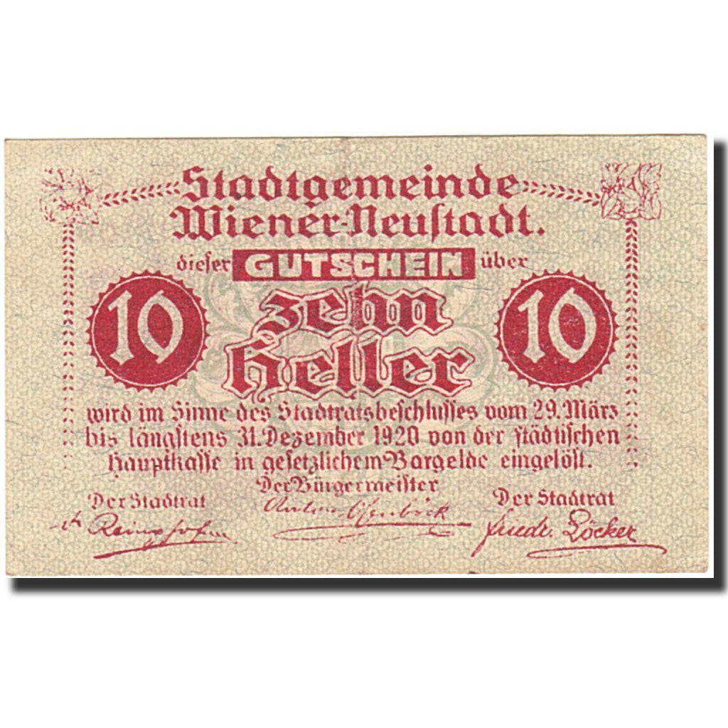 Banknote, Austria, Wiener Neustadt, 10 Heller, château, 1920, 1920-12-31