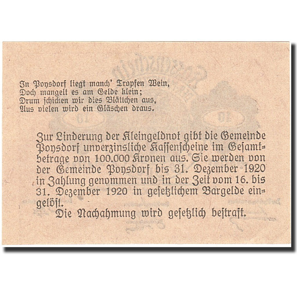 Banknote, Austria, Poysdorf, 10 Heller, Ecusson, 1920, 1920-12-31, UNC(63)