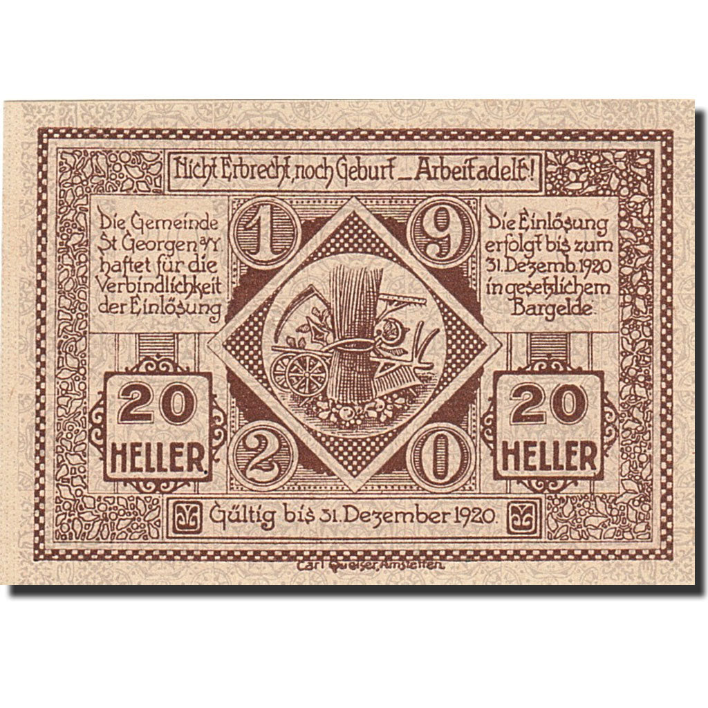 Banknote, Austria, Sankt Georgen am Ybbsfelde, 20 Heller, cavalier, 1920