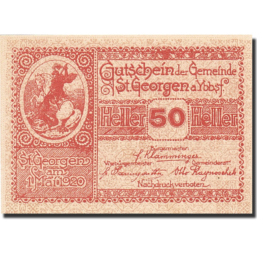 Banknote, Austria, Sankt Georgen am Ybbsfelde, 50 Heller, cavalier, 1920