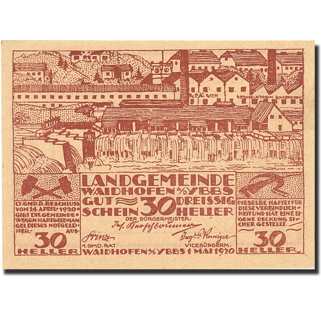 Banconote, Austria, Waidhofen an der Ybbs, 25 Heller, Usine, 1920, 1920-12-31