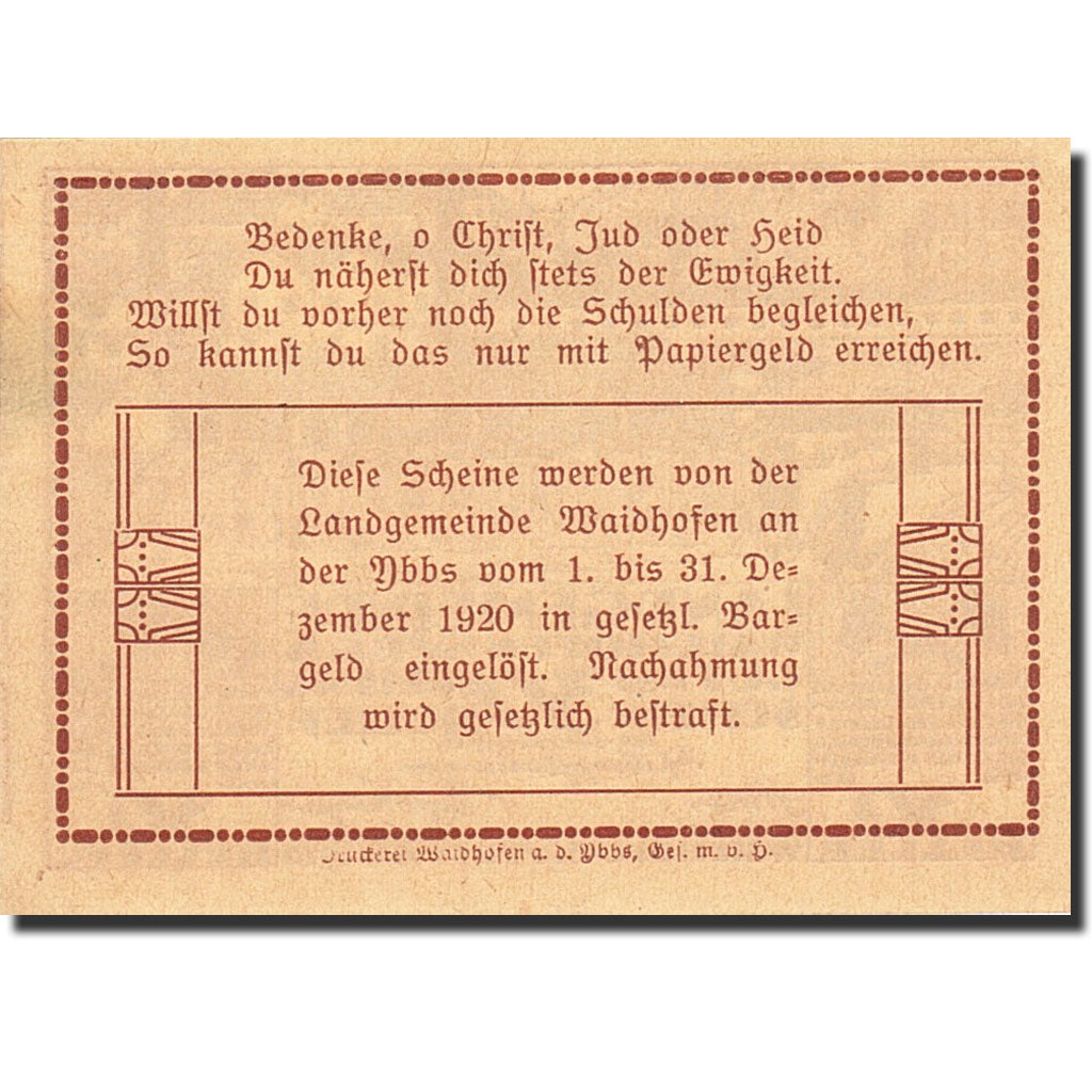 Banconote, Austria, Waidhofen an der Ybbs, 25 Heller, Usine, 1920, 1920-12-31