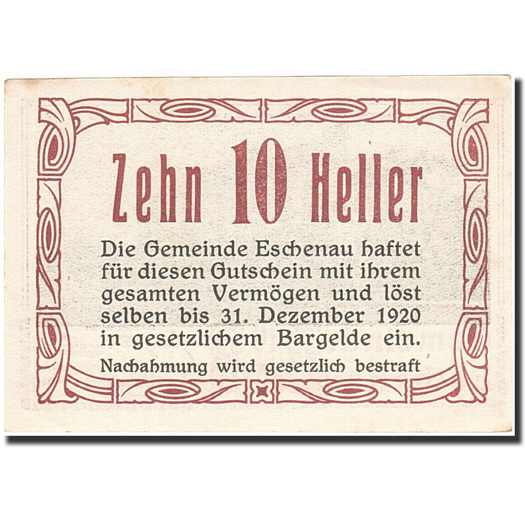 Banknote, Austria, Eschenau, 10 Heller, Monument, 1920, 1920-12-31, AU(55-58)