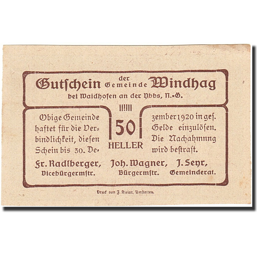 Banconote, Austria, Waidhofen an der Ybbs, 20 Heller, paysage, 1920, 1920-12-30