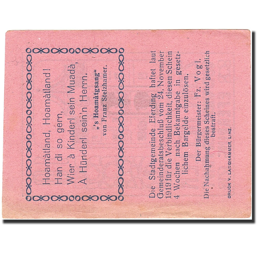 Banknote, Austria, Eferding, 10 Heller, mairie, 1919, 1919-11-24, EF(40-45)