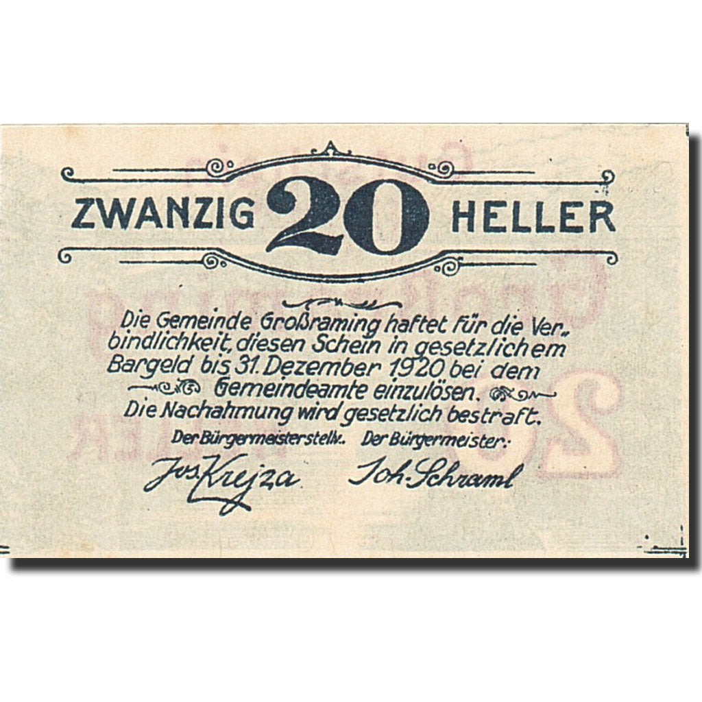 Banknote, Austria, Grossraming, 20 Heller, pont, 1920, 1920-12-31, UNC(65-70)