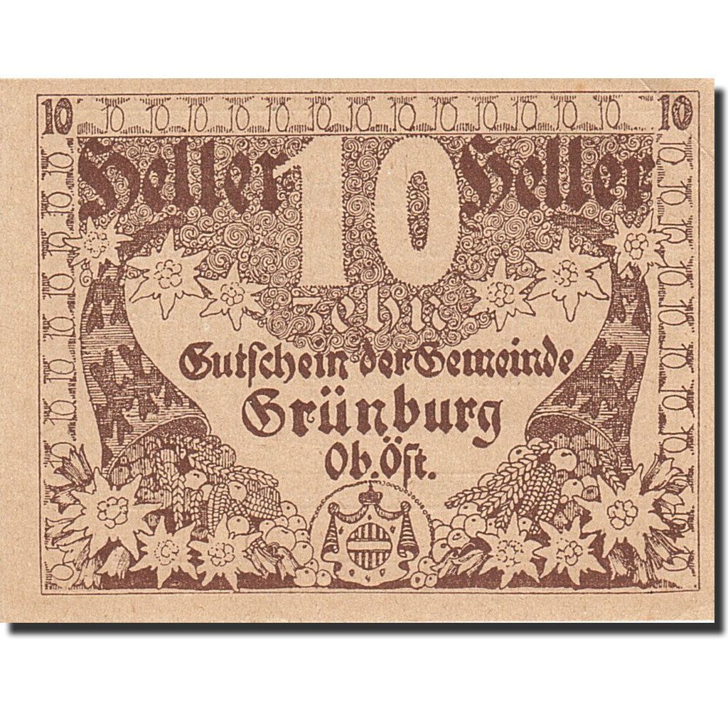 Banknote, Austria, Grunburg, 10 Heller, corne d'abondance, 1920, 1920-12-31