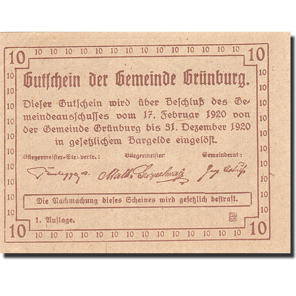 Banknote, Austria, Grunburg, 10 Heller, corne d'abondance, 1920, 1920-12-31