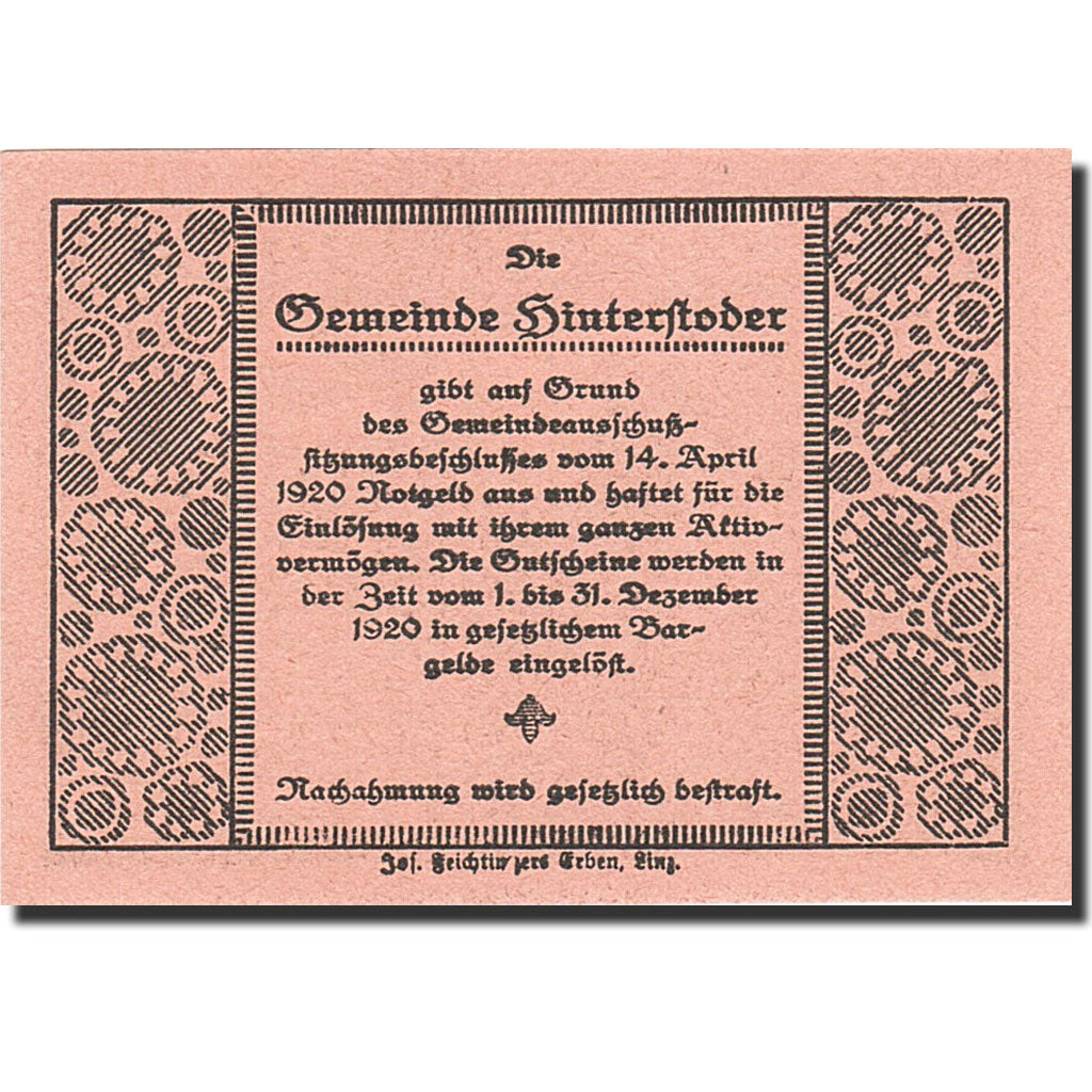 Biljet, Oostenrijk, Hinterstoder, 20 Heller, montagne, 1920, 1920-12-31, NIEUW