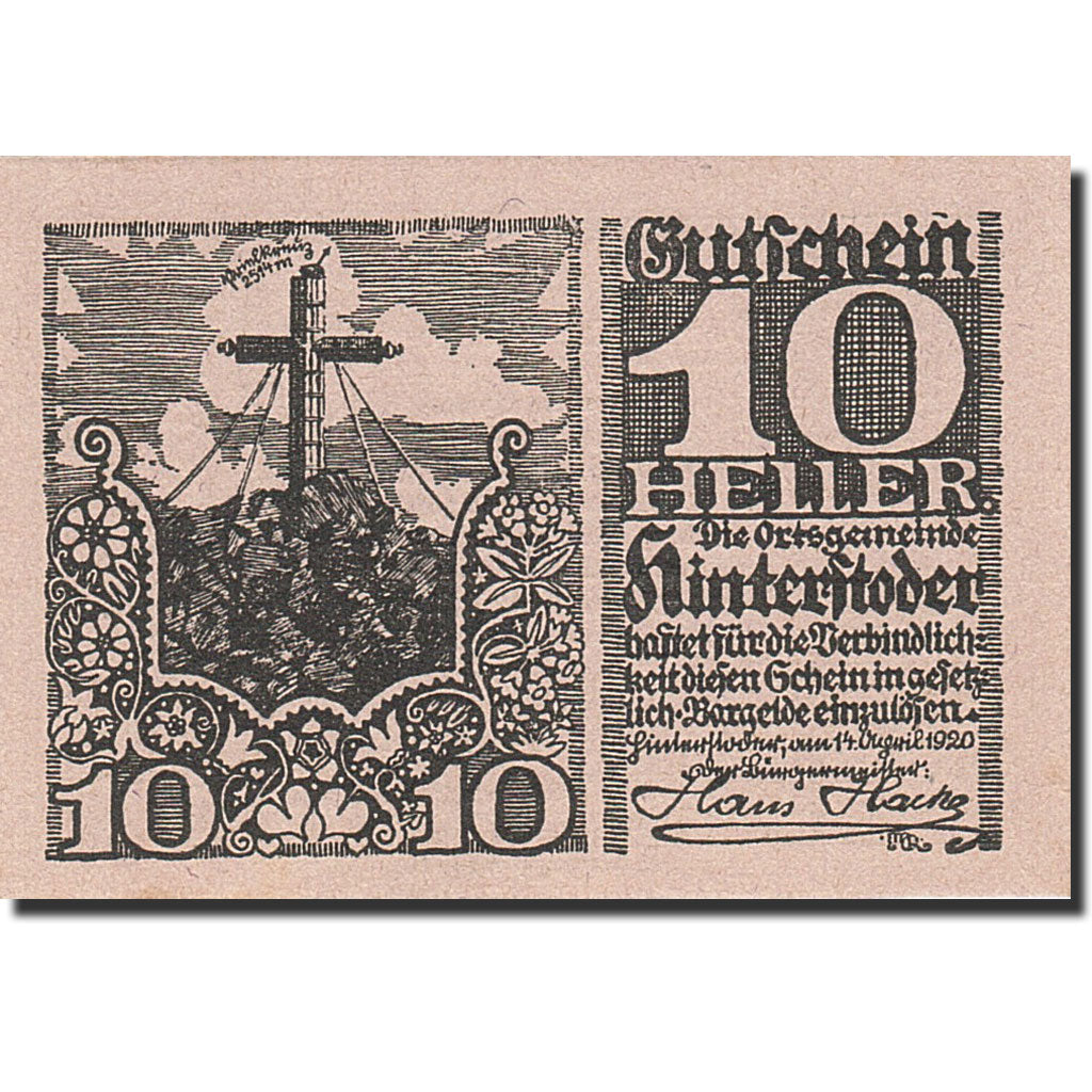 Banconote, Austria, Hinterstoder, 10 Heller, Monument, 1920, 1920-12-31, SPL+