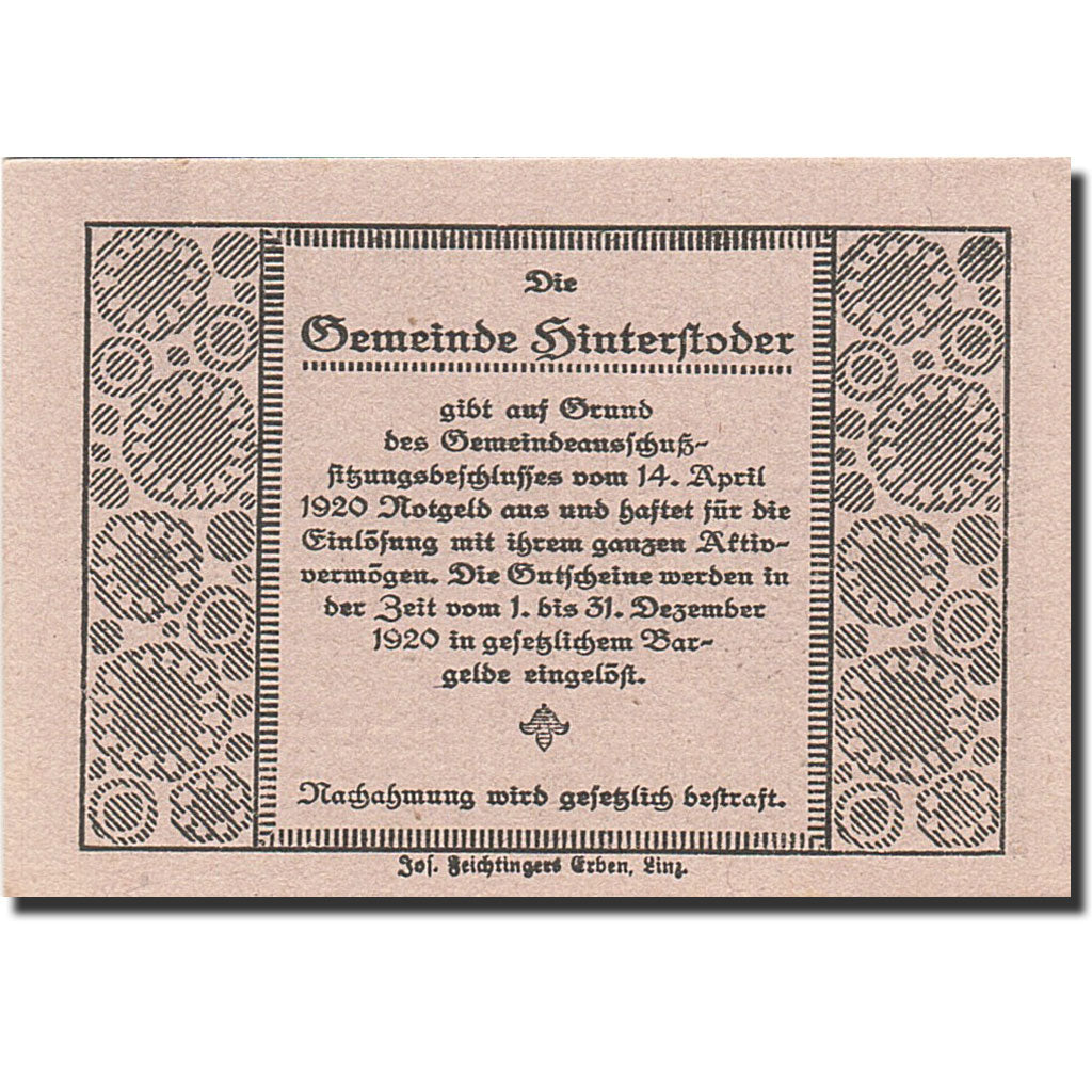 Banconote, Austria, Hinterstoder, 10 Heller, Monument, 1920, 1920-12-31, SPL+
