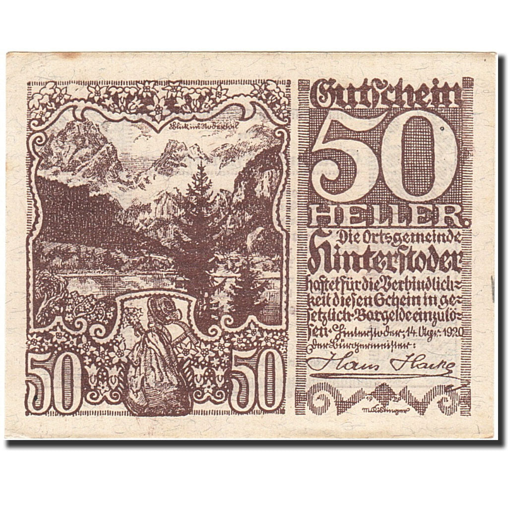 Banknote, Austria, Hinterstoder, 50 Heller, montagne, 1920, 1920-12-31