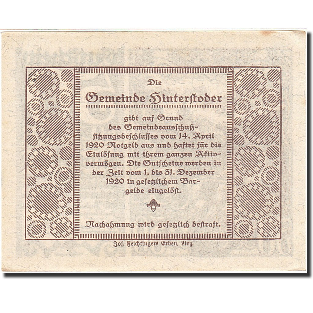Banknote, Austria, Hinterstoder, 50 Heller, montagne, 1920, 1920-12-31