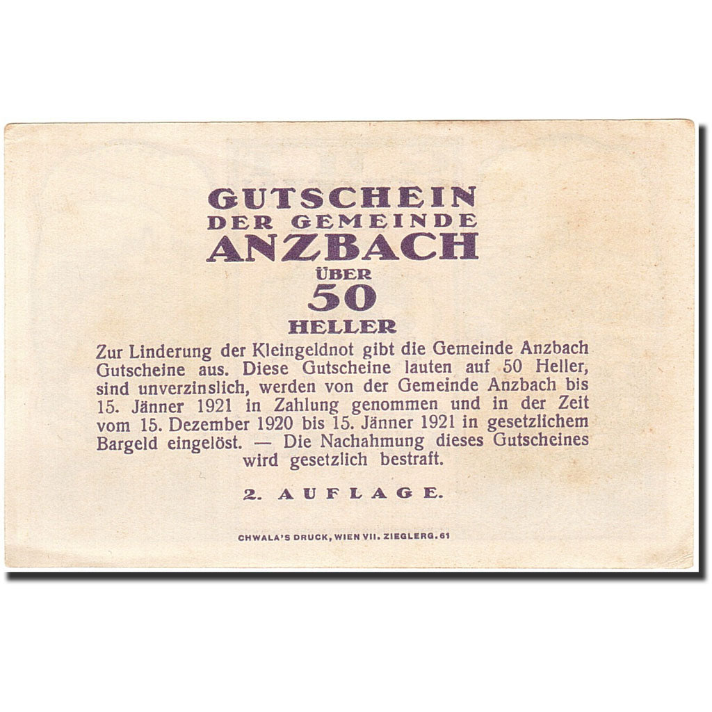 Billet, Autriche, Maria Anzbach, 50 Heller, village, 1921, 1921-01-15, SUP