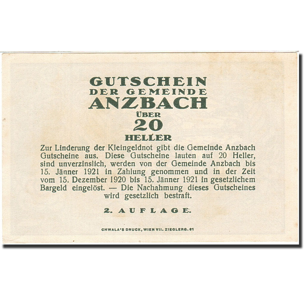 Banknote, Austria, Maria Anzbach, 20 Heller, pont, 1921, 1921-01-15, UNC(60-62)