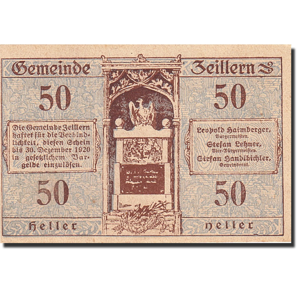 Banknote, Austria, Zeillern, 50 Heller, Monument, 1920, 1920-12-30, UNC(63)