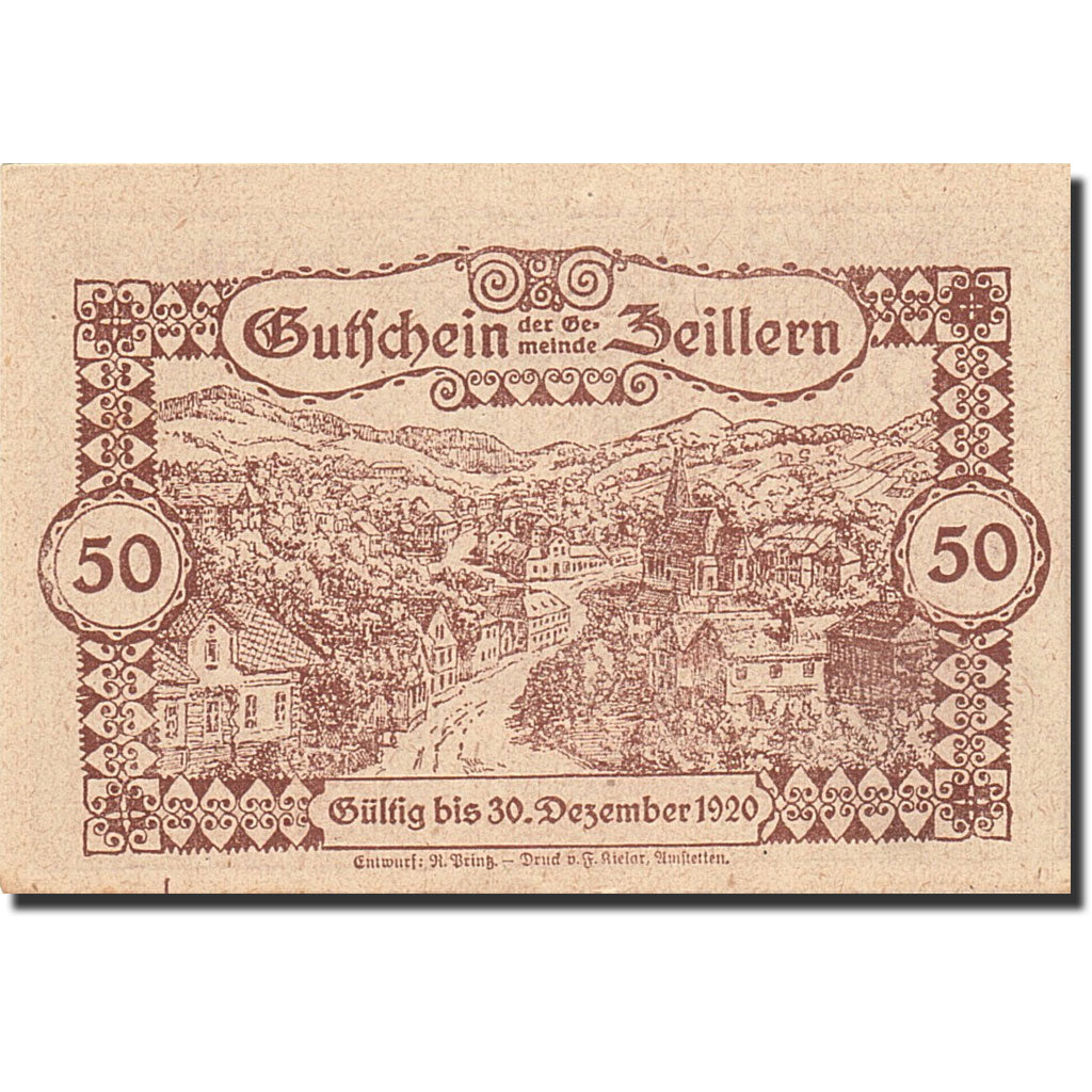 Banknote, Austria, Zeillern, 50 Heller, Monument, 1920, 1920-12-30, UNC(63)