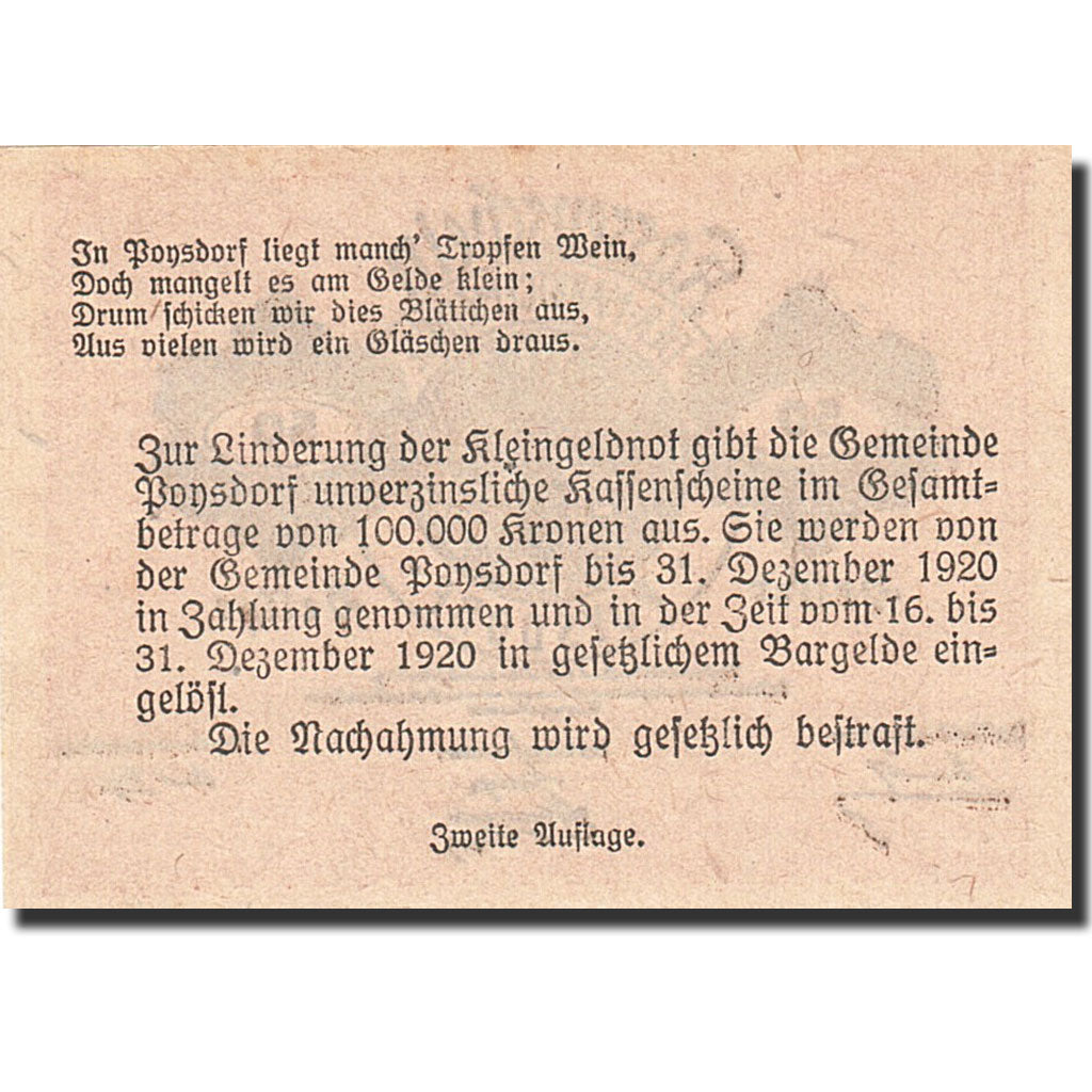 Banknote, Austria, Poysdorf, 50 Heller, Blason, 1920, 1920-12-31, UNC(63)