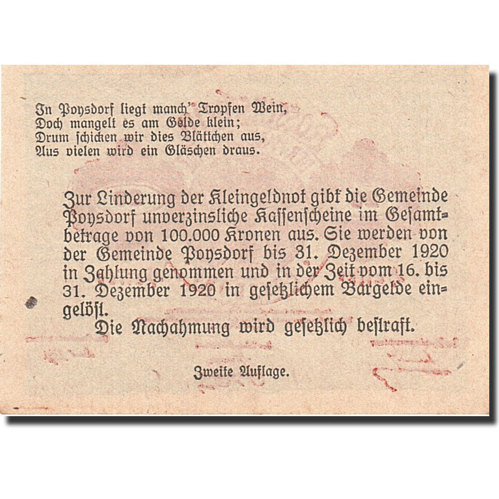 Banknote, Austria, Poysdorf, 20 Heller, Blason, 1920, 1920-12-31, UNC(63)
