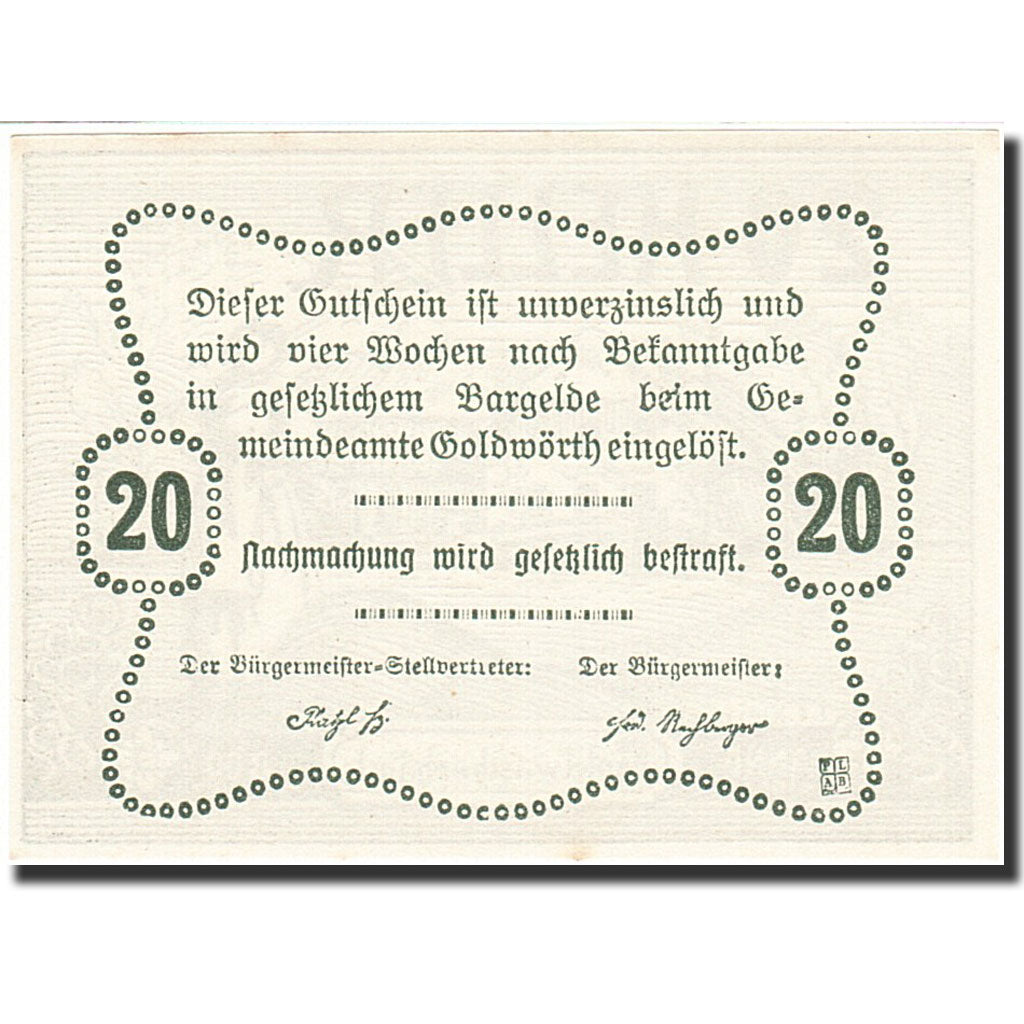 Banknote, Austria, Goldwörth, 20 Heller, paysan, 1920, 1920-12-31, UNC(64)