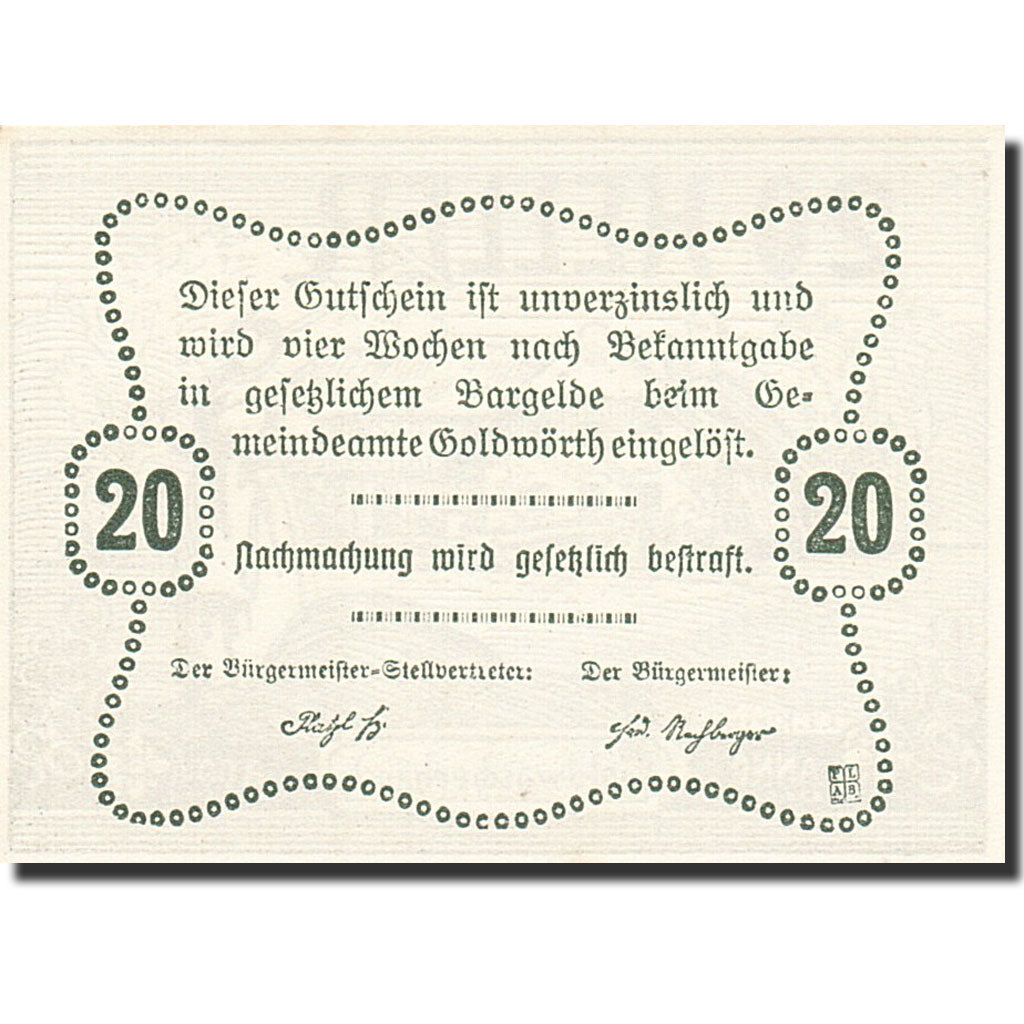 Banknote, Austria, Goldwörth, 20 Heller, paysan, 1920, 1920-12-31, UNC(65-70)