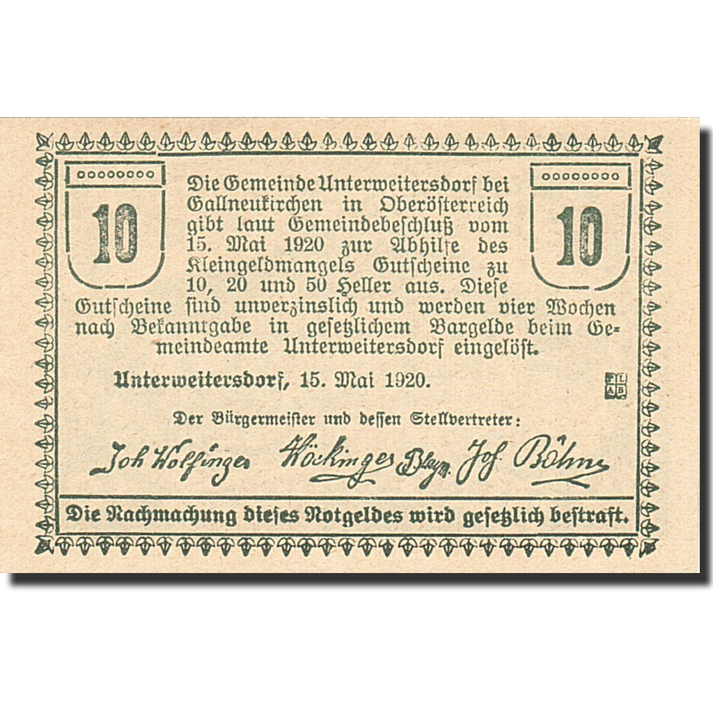 Banknote, Austria, Unterweitersdorf, 10 Heller, paysan, 1920, 1920-05-15