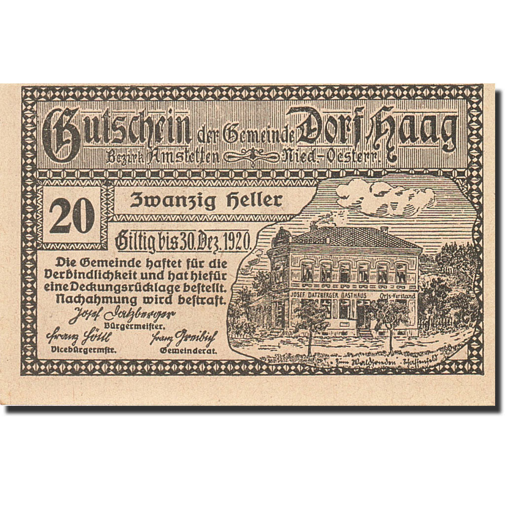 Banknote, Austria, Haag, 20 Heller, manoir, 1920, 1920-12-30, UNC(63)