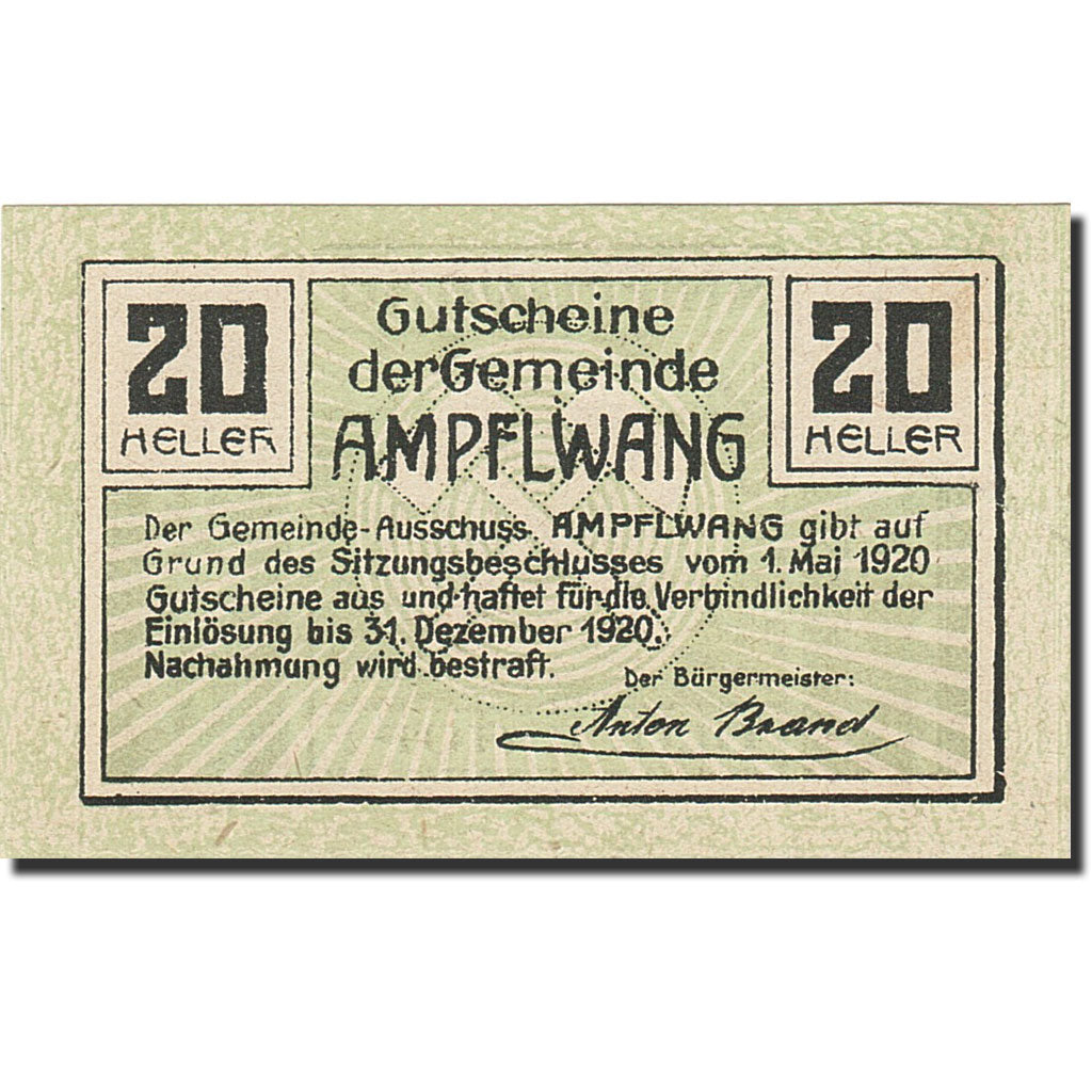 Banknote, Austria, Ampflwang im Hausruckwald, 20 Heller, Mine, 1920, 1920-12-31