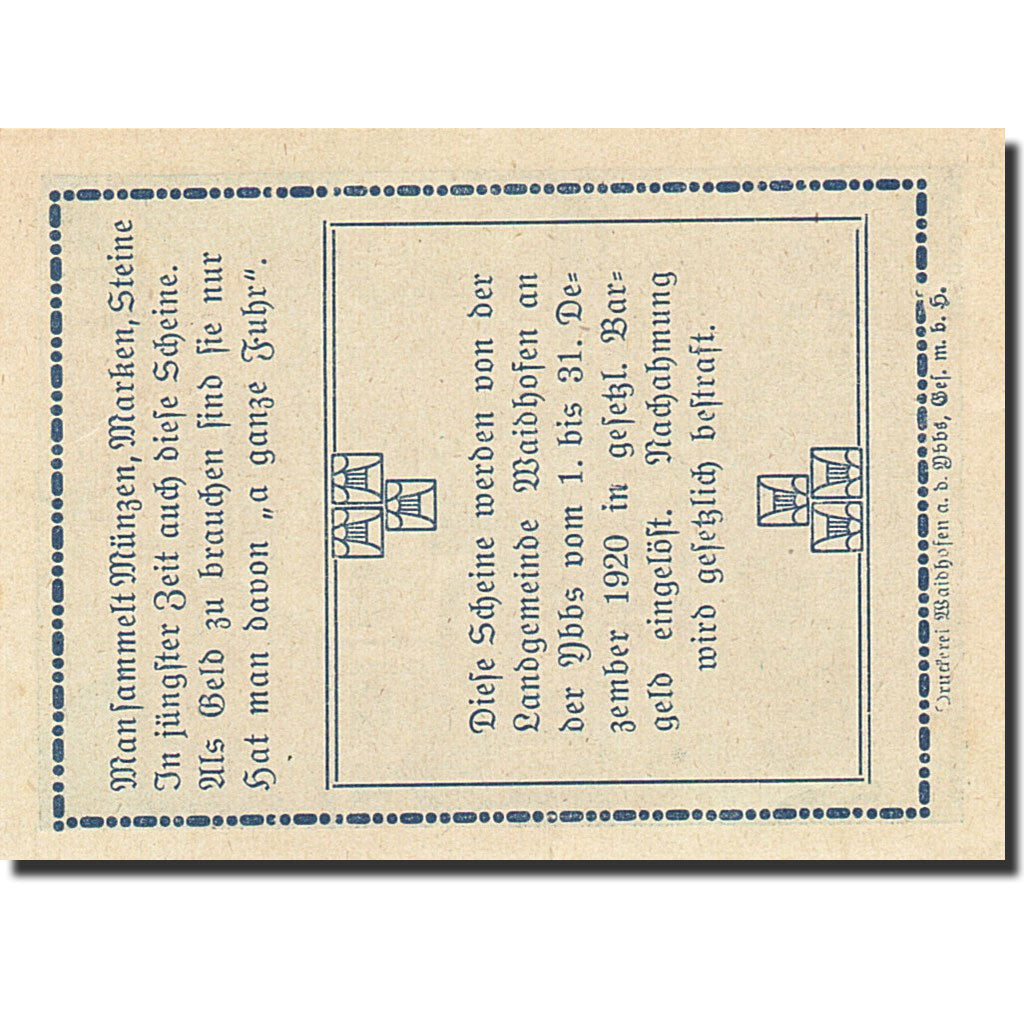 Banknote, Austria, Waidhofen an der Ybbs, 50 Heller, paysan, 1920, 1920-12-31
