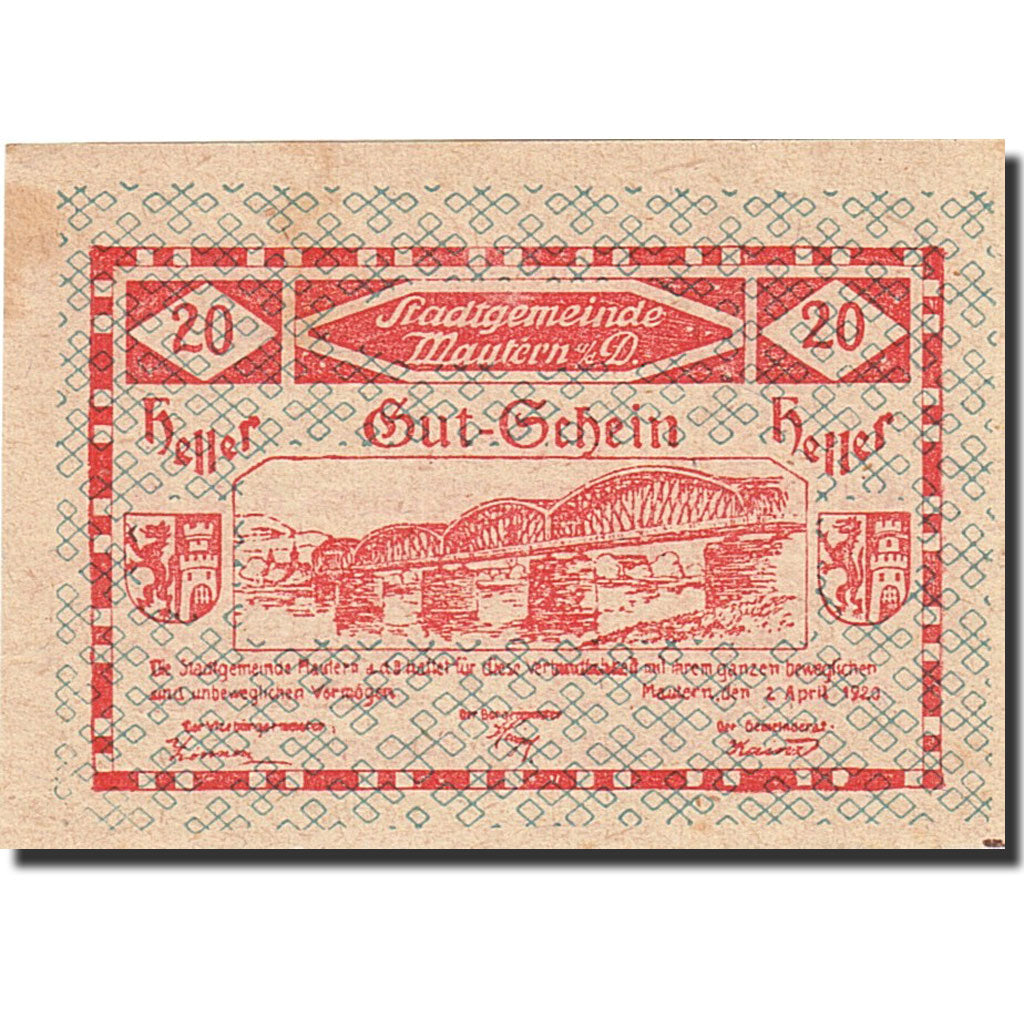 Banknote, Austria, Mautern an der Donau, 20 Heller, pont, 1920, 1920-12-31