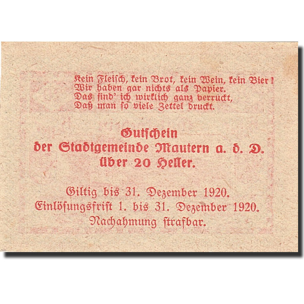 Banknote, Austria, Mautern an der Donau, 20 Heller, pont, 1920, 1920-12-31