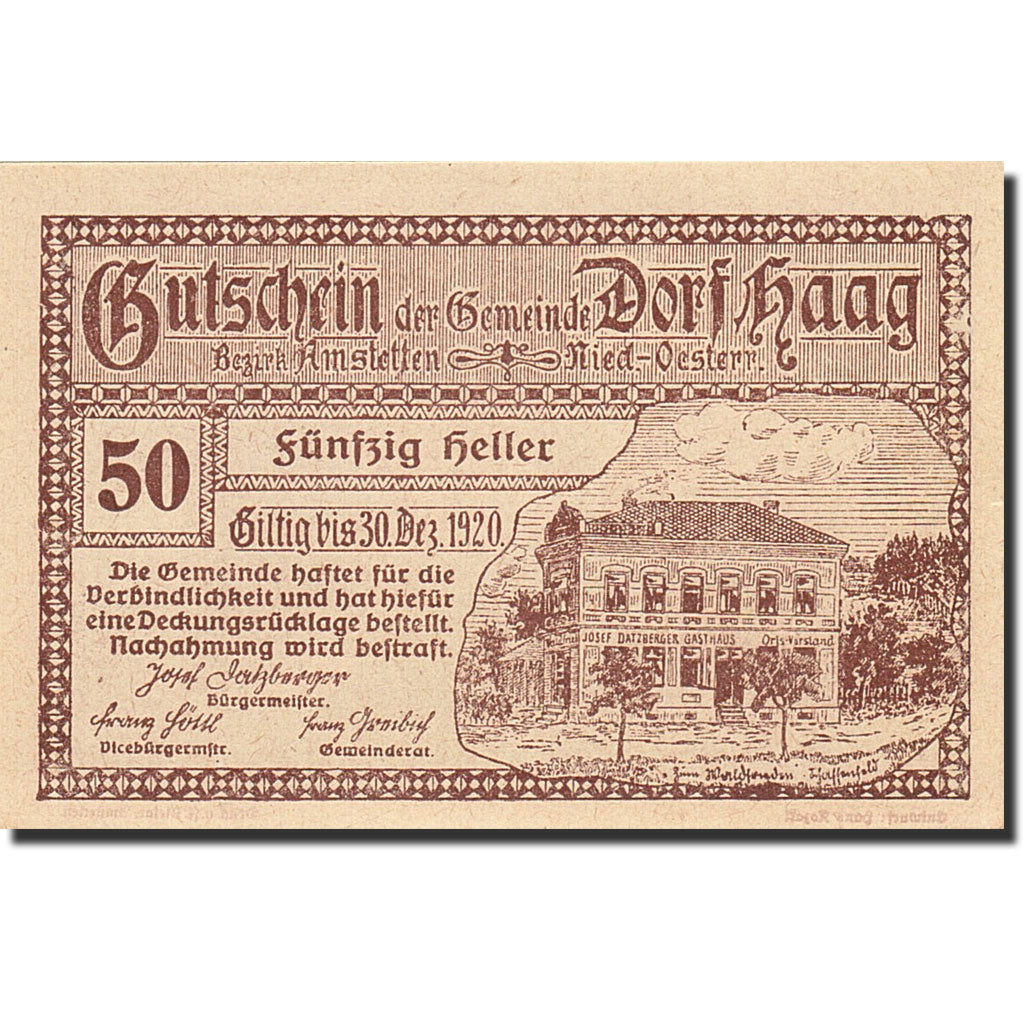 Banknote, Austria, Haag, 50 Heller, manoir, 1920, 1920-12-30, UNC(63)