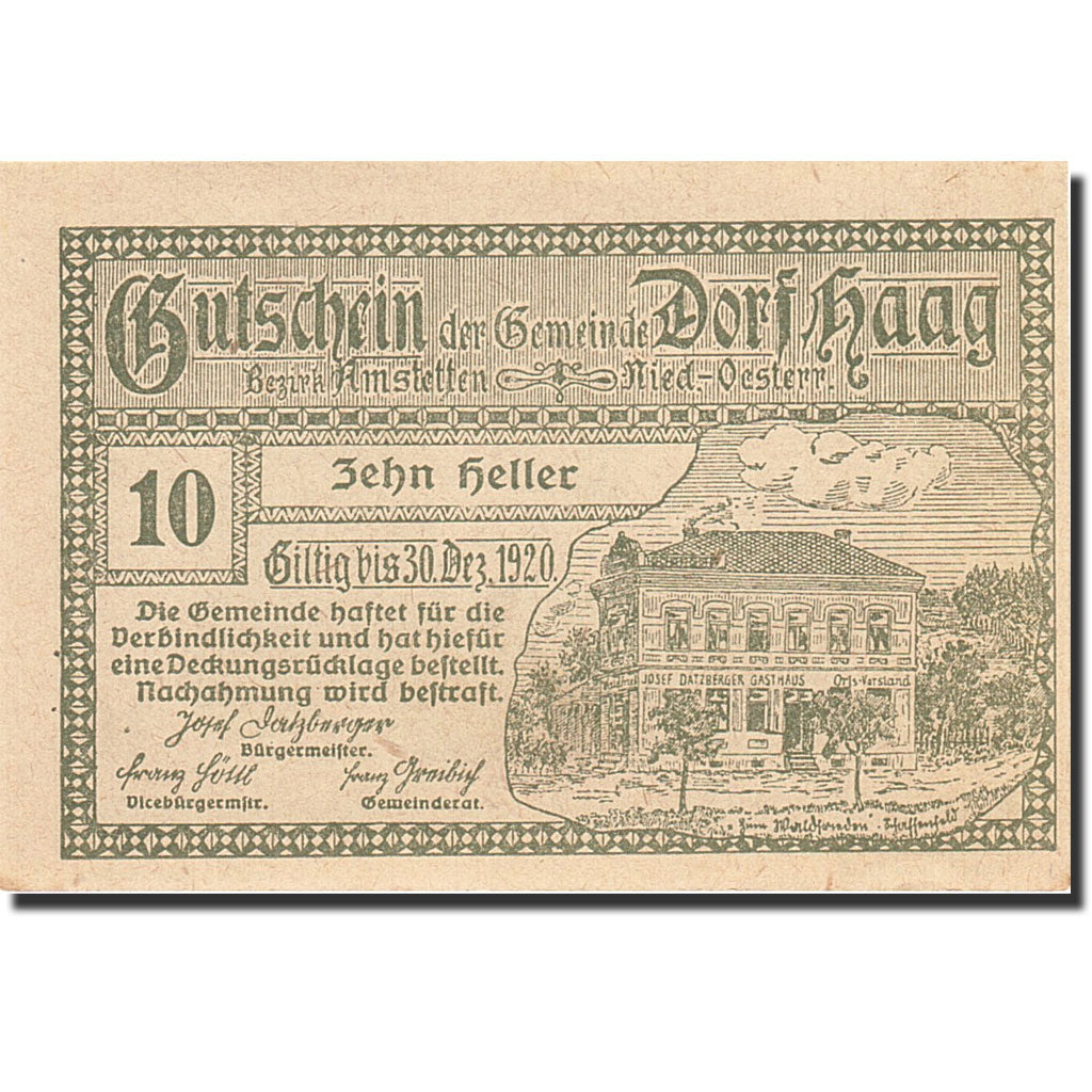 Billet, Autriche, 10 Heller, manoir, 1920, 1920-12-30, SPL