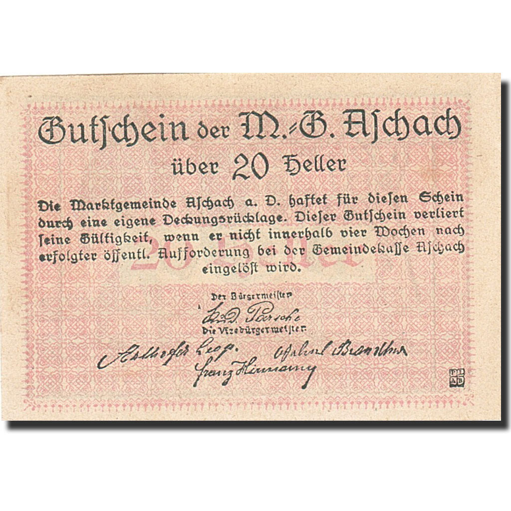 Banknote, Austria, Aschach an der Donau, 20 Heller, Blason, 1920, 1920-12-31
