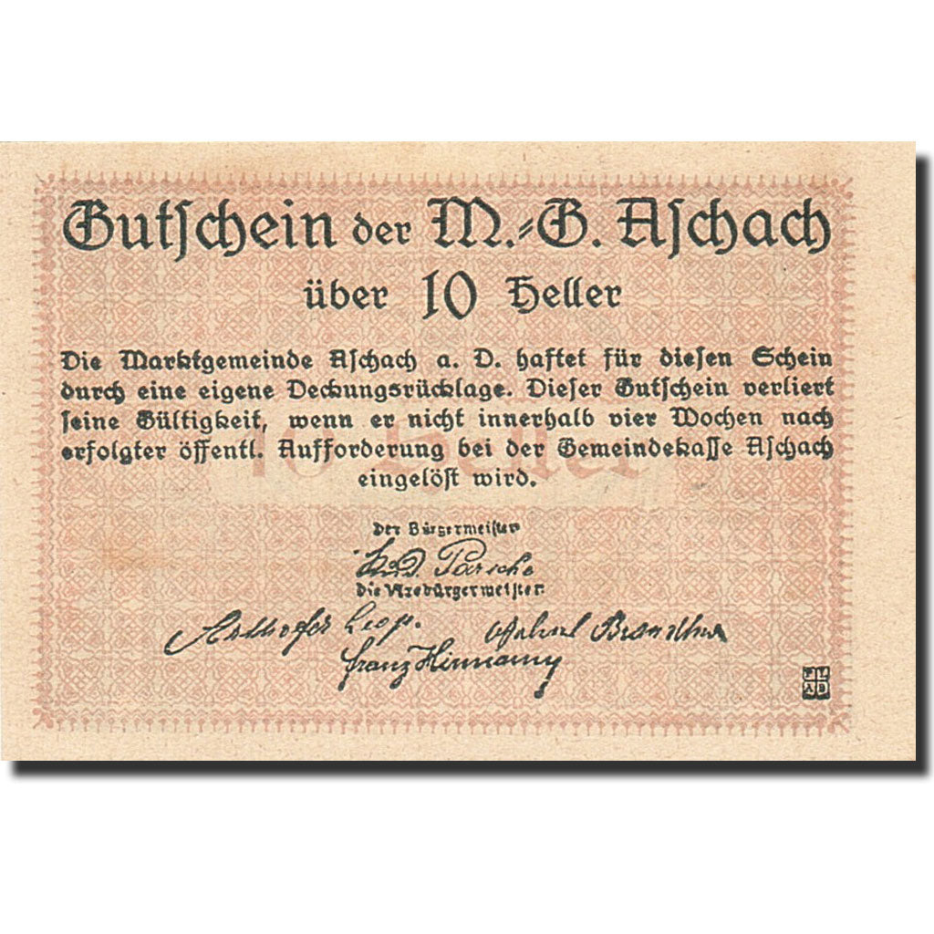 Banknote, Austria, Aschach an der Donau, 10 Heller, Blason, 1920, 1920-12-31