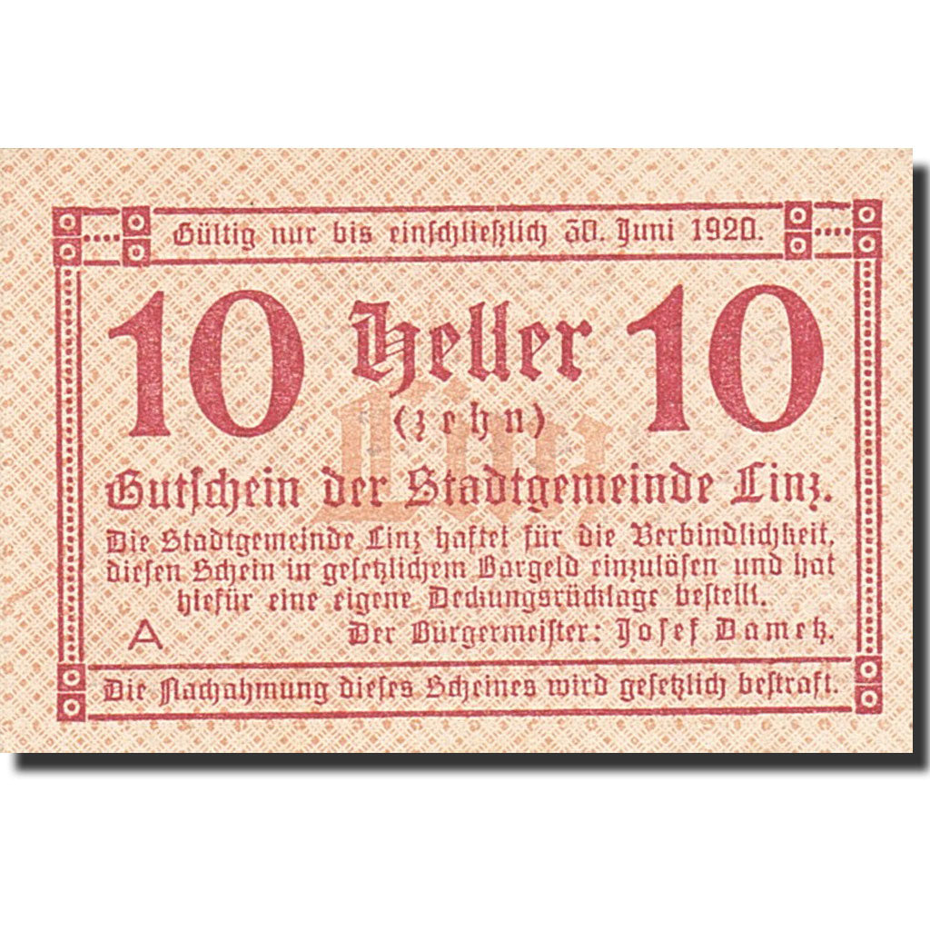 Banknote, Austria, Linz, 10 Heller, valeur faciale, 1920, 1920-06-30, UNC(63)