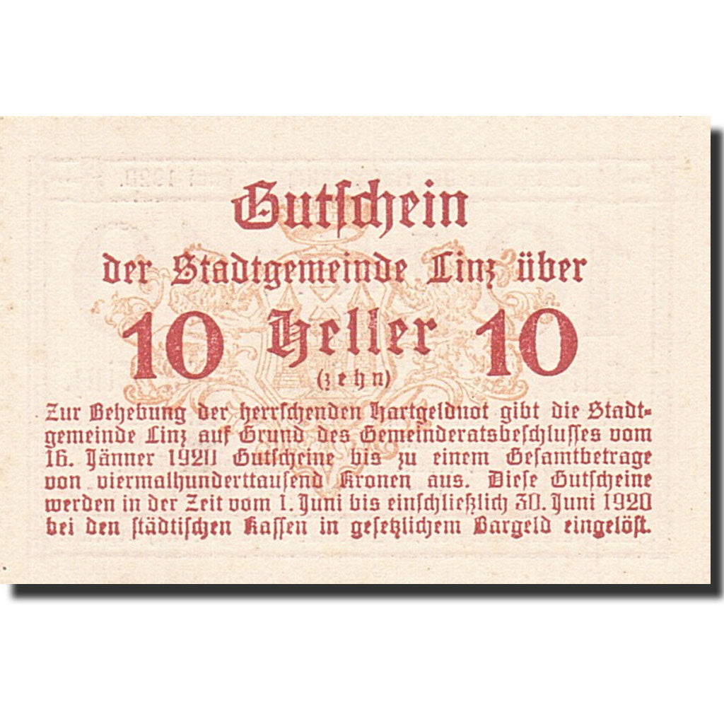 Banknote, Austria, Linz, 10 Heller, valeur faciale, 1920, 1920-06-30, UNC(63)