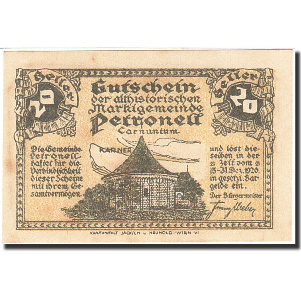 Banknote, Austria, Petronell-Carnuntum, 20 Heller, château, 1920, 1920-12-31